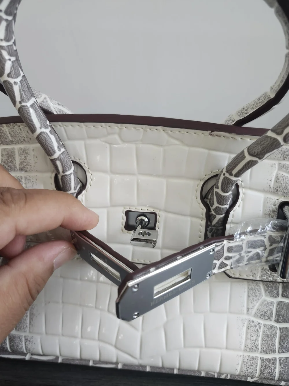 Structured Mini Top-Handle Satchel Bag Gray White Faux Leather Handbag